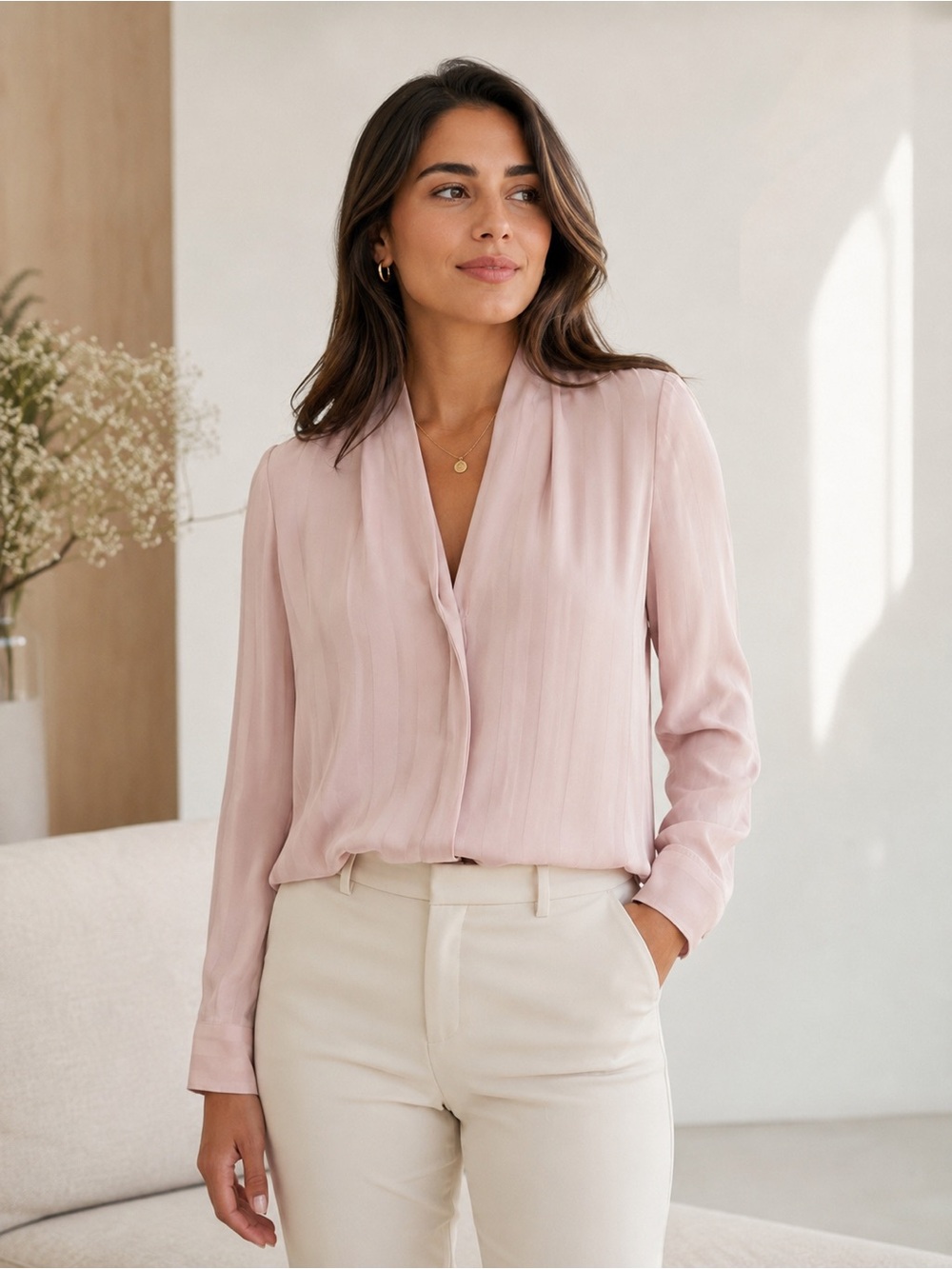 Babaton Aritzia Light Pink Pinstripe V-Neck Long Sleeve Blouse Size S
